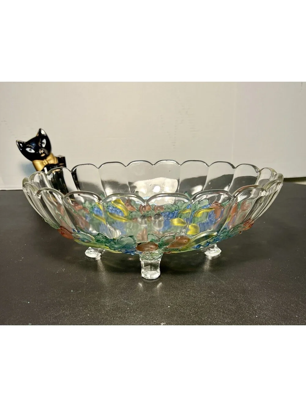 Indiana Glass 1960s Garland Flashed Fruit Oval Three-Footed Bowl, 12x8.5x4.5”